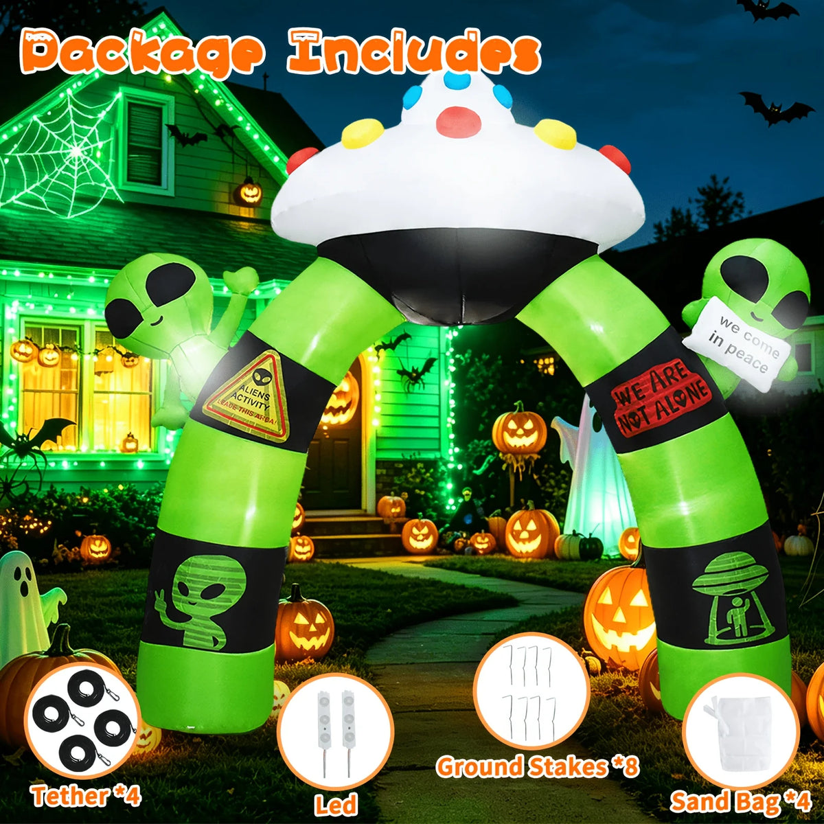 10.5FT Halloween Inflatable Alien Arch Decoration Blow Up Alien Archway with Built-in LED Lights Outdoor Giant Airblown Spaceship Arch for Yard Garden Lawn Porch Party Supplies USA Stock Warehouse